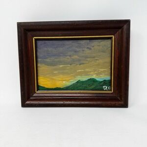 Original Mountain painting Art 5X7 Framed Dark Sky Landscape Wooden Acrylic